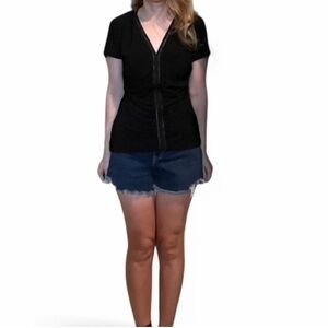 White House Black Market Chain Trim Top. Ruched Front. Size Medium. Black